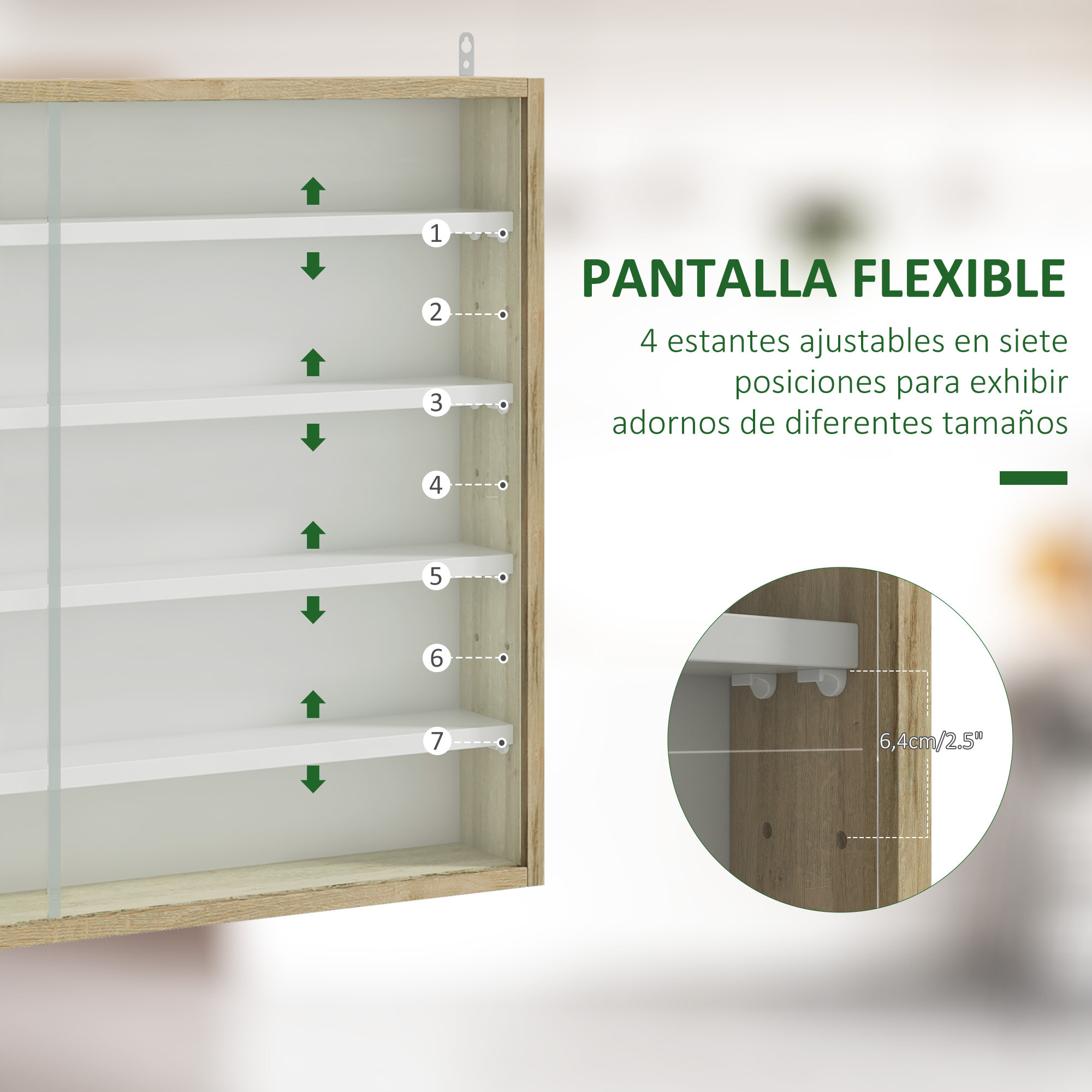 Vitrina Expositora Vitrina de Pared con Estantes Ajustables y 2 Puertas Correderas de Vidrio para Colecciones Perfumes Figuras de Decoración 80x9,5x60 cm Blanco y Natural