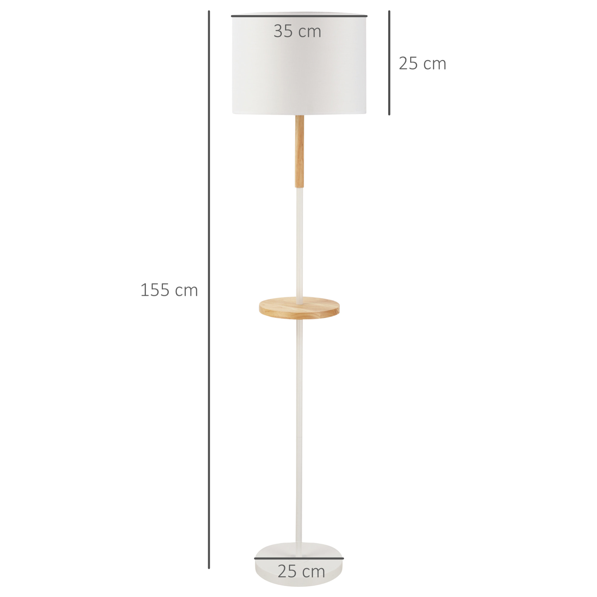 HOMCOM Lámpara de Pie con Estante de Madera Pantalla de Tela Casquillo E27 Máx. de 40W y Interruptor de Pie Moderno para Salón Dormitorio Estudio Ø35x155 cm Blanco