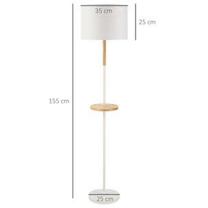 HOMCOM Lámpara de Pie con Estante de Madera Pantalla de Tela Casquillo E27 Máx. de 40W y Interruptor de Pie Moderno para Salón Dormitorio Estudio Ø35x155 cm Blanco