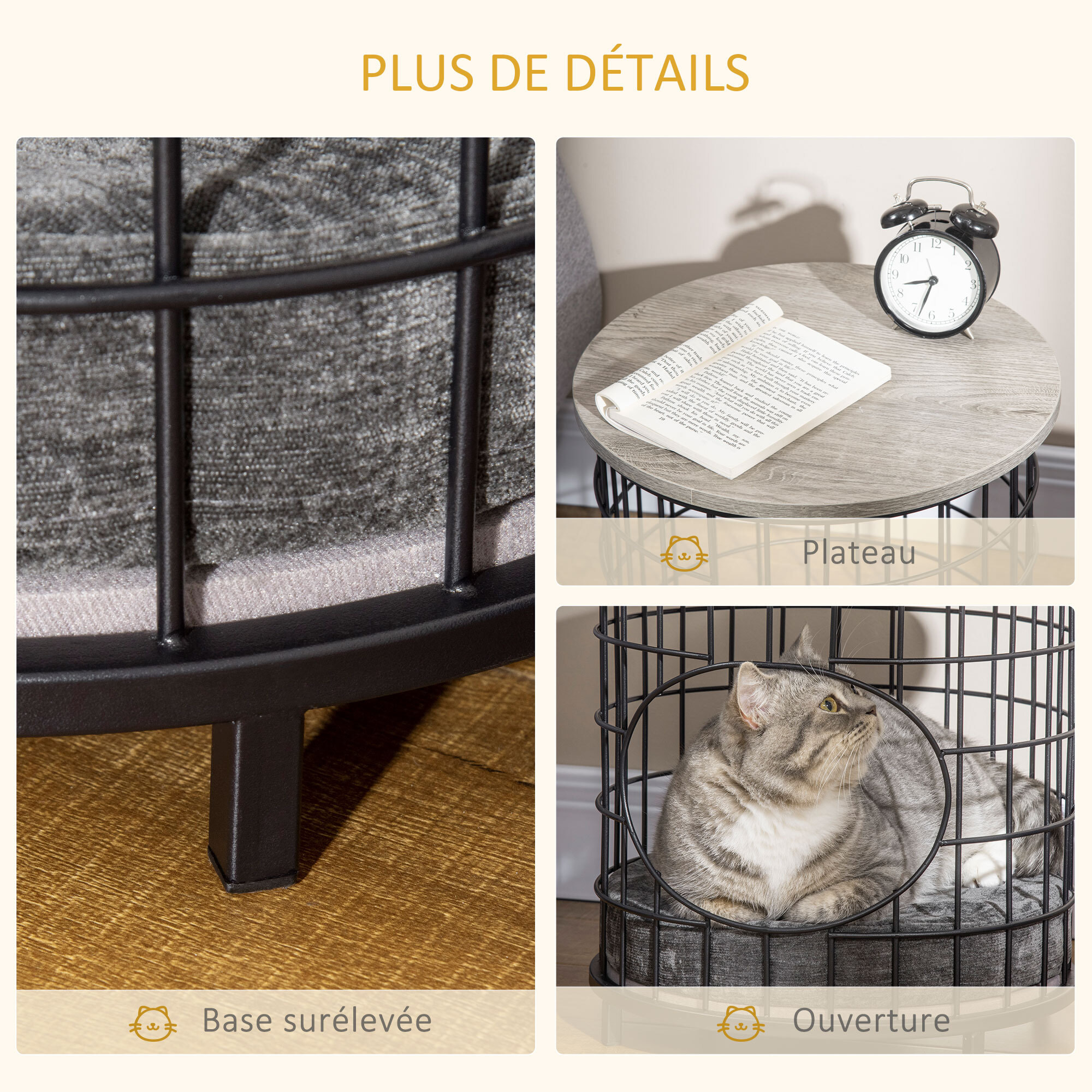 Panier chat cosy grand confort table basse 2 en 1 coussin amovible acier noir panneaux particules aspect bois gris