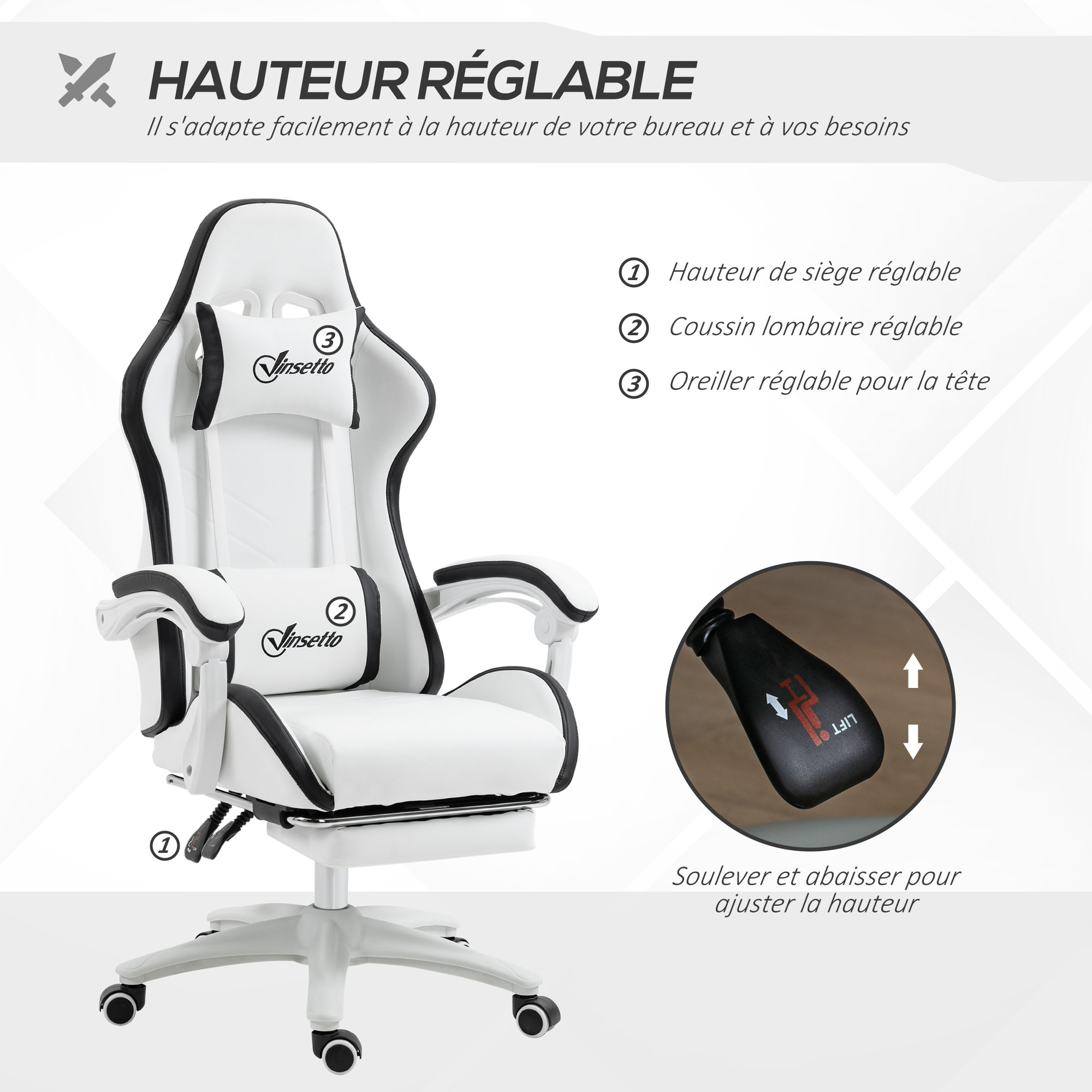 Chaise de bureau gaming - inclinable, pivotant, réglable - coussins lombaires têtière inclus - noir blanc