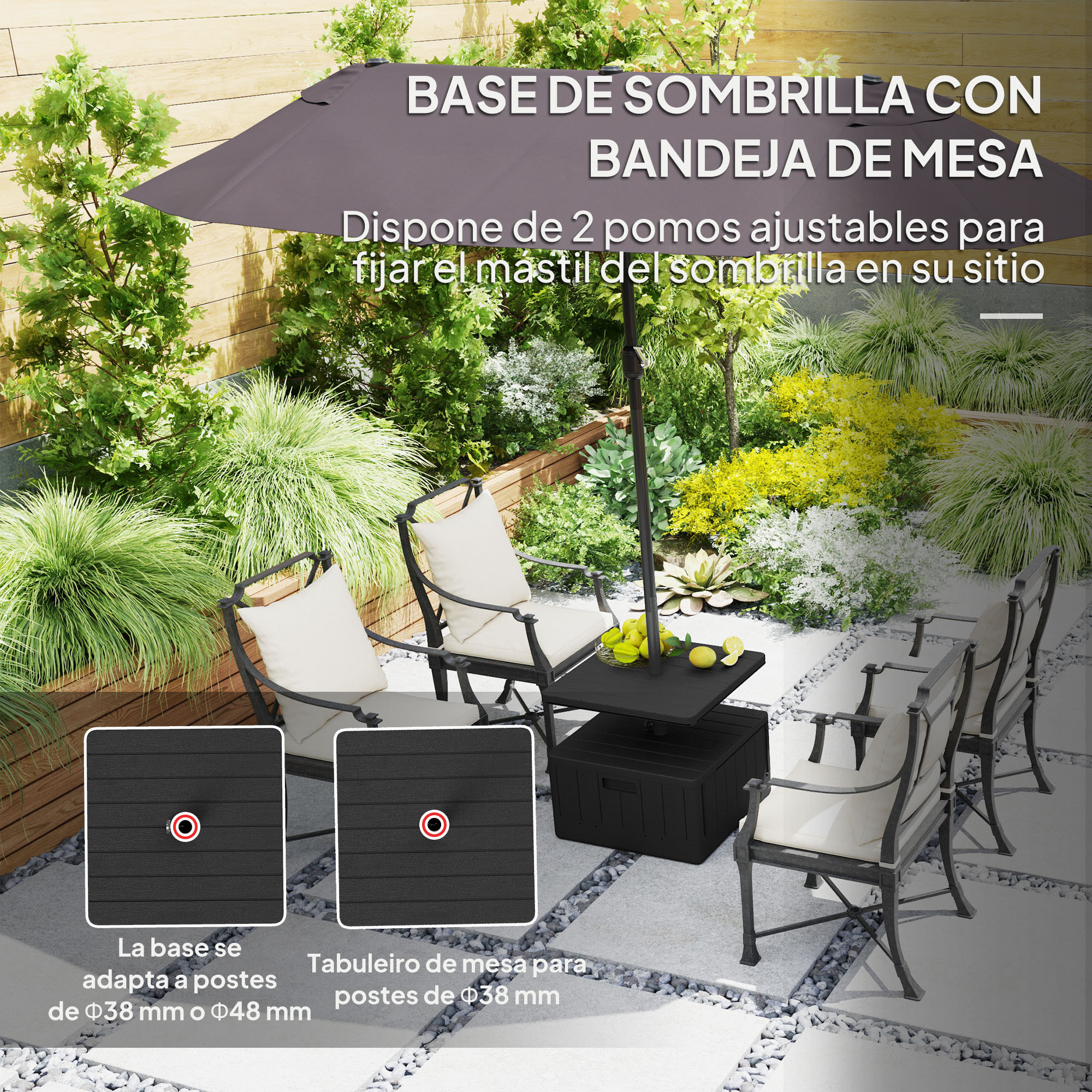 Base para Sombrilla Exterior 3 en 1, Mesa Auxiliar Ajustable, Macetero con Orificio de Drenaje, Soporte de Parasol Rellenable Arena 80 kg con Ruedas y Asas, para Postes Ø38 y Ø48 mm, Negro