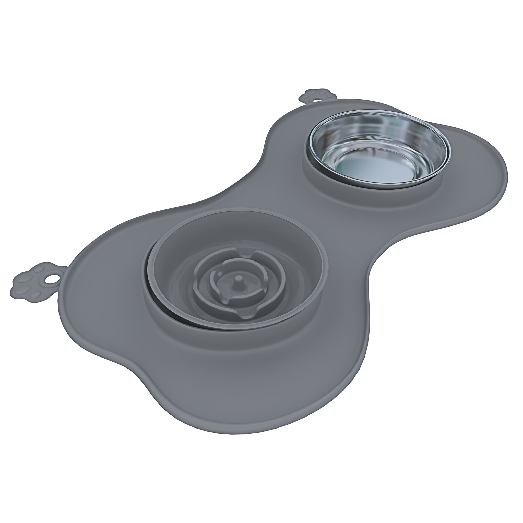 Ciotola Per Cani Gatti 3 In 1 Alimentazione Lenta Acciaio Inox Croccantini Acqua Tappetino in Silicone Antiribaltamento con Ventose 52 x 35 Cm Grigio