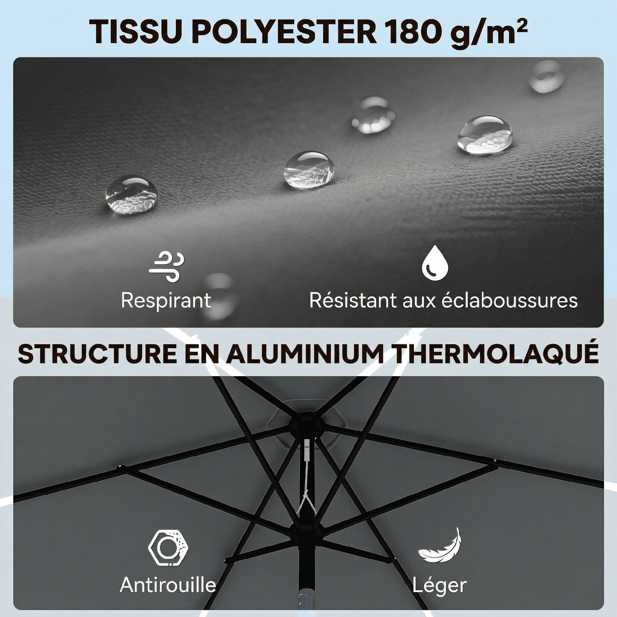 Parasol inclinable manivelle dia. 196 cm métal gris