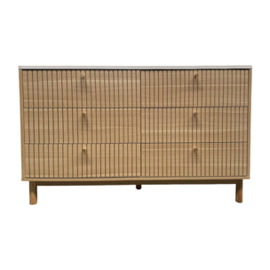 MIRANDELA Buffet 6 tiroirs aspect bois rainuré et blanc 120cm