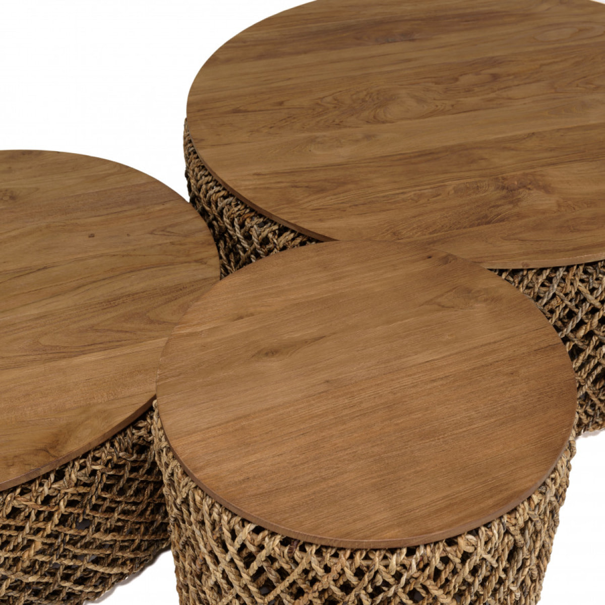 SIXTINE - Set de 3 tables basses rondes en tissage de fibre de cocotier