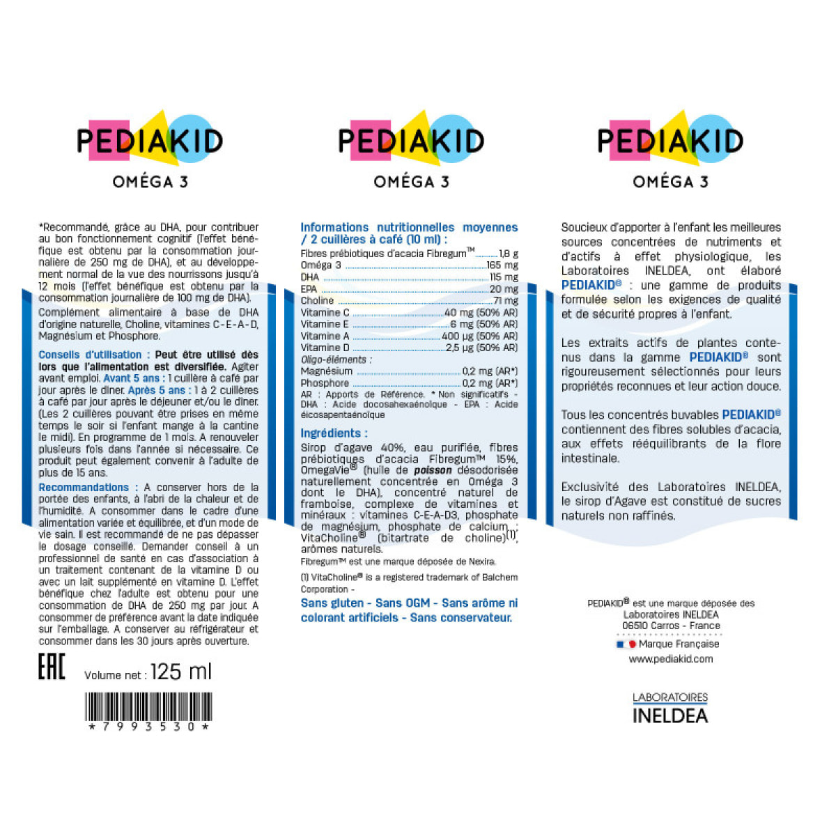 PEDIAKID - Complément Alimentaire Naturel Pediakid Oméga 3 - Formule Exclusive au Sirop d'Agave - Riche en DHA - Favorise le Bon Fonctionnement du Cerveau - Goût Citron-Cola - Lot de 3 Flacons 125 ml