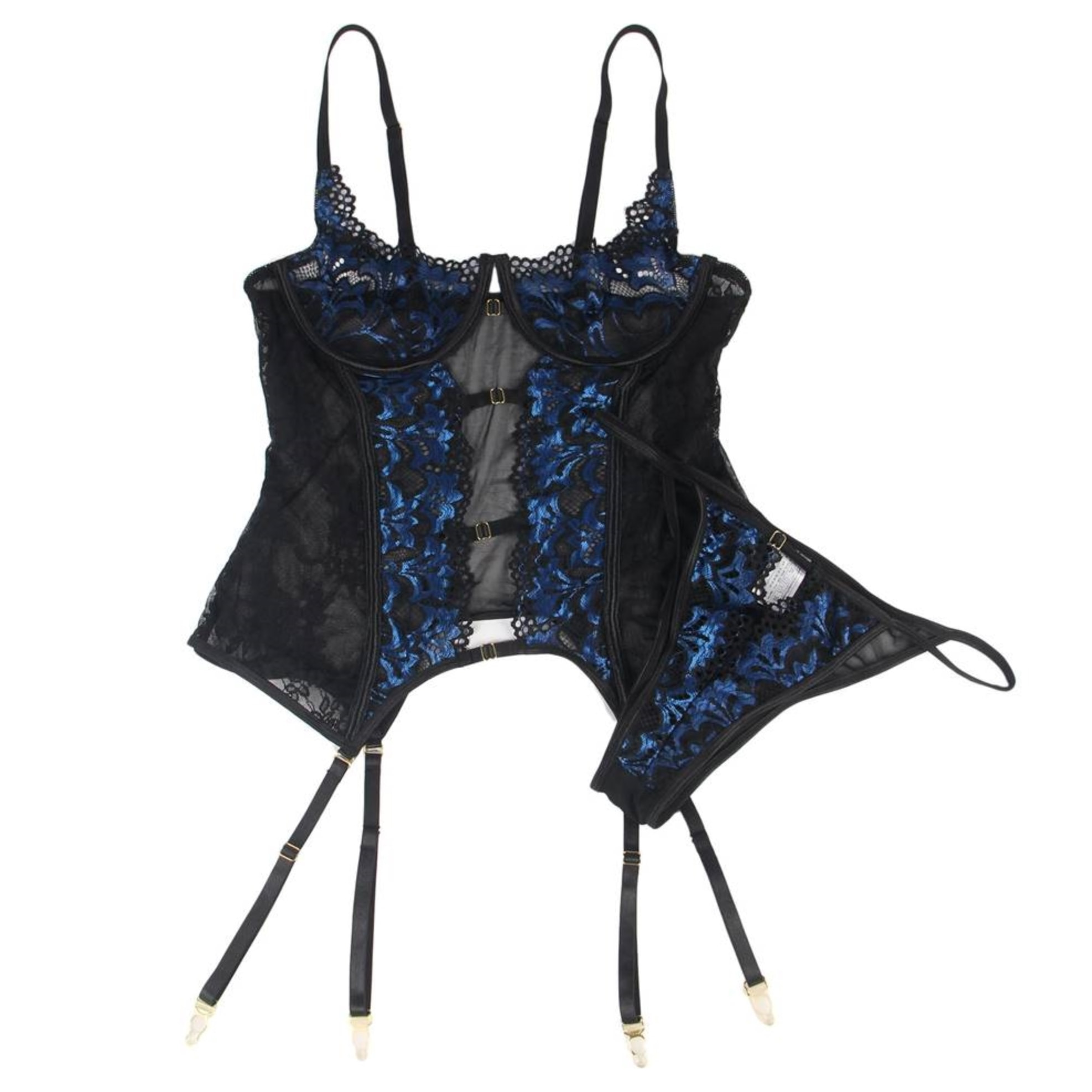 Conjunto de lencería con liguero y encaje de color azul