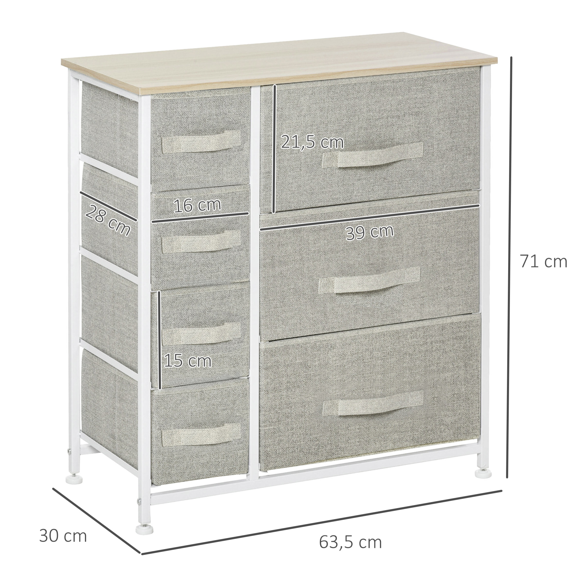 Meuble de rangement commode design 64L x 30l x 71H cm 7 tiroirs métal MDF non tissé blanc