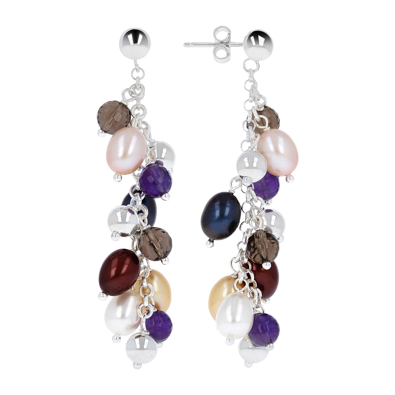 PERLAVIVA - Orecchini Pendenti in Argento 925 con Quarzo, Ametista e Perle Multicolore d'Acqua Dolce Ø7/8mm