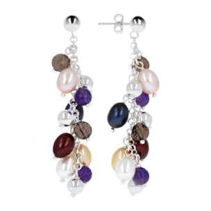 PERLAVIVA - Orecchini Pendenti in Argento 925 con Quarzo, Ametista e Perle Multicolore d'Acqua Dolce Ø7/8mm