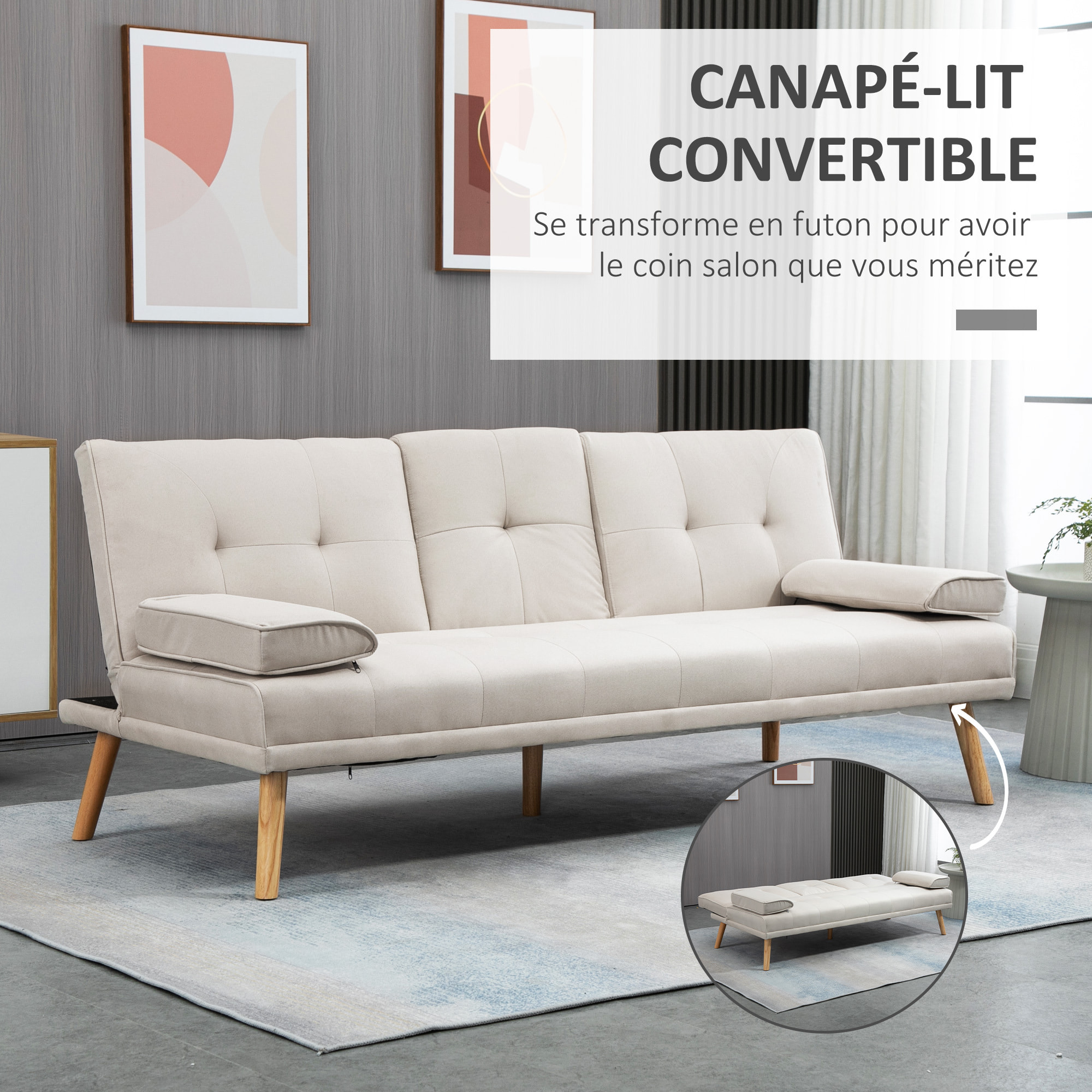 Canapé convertible 3 places design scandinave inclinaison dossier réglable 3 niveaux dossier central rabattable 2 porte-verres bois massif lin beige