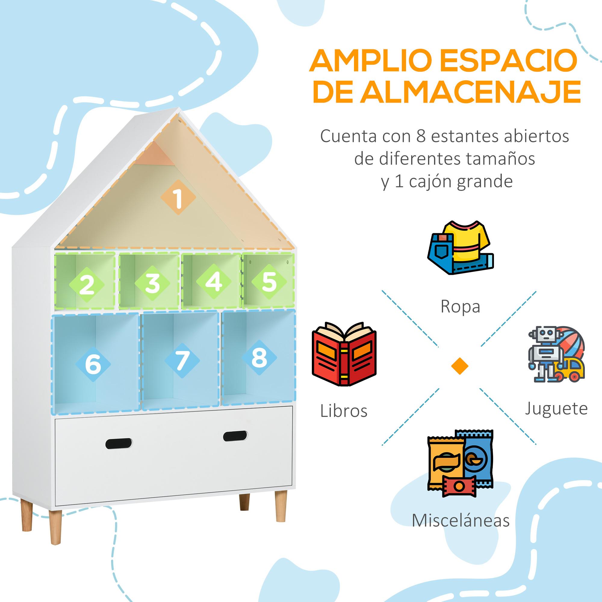 Estantería de Madera Infantil con 8 Compartimentos en Forma de Casa de 2 Colores