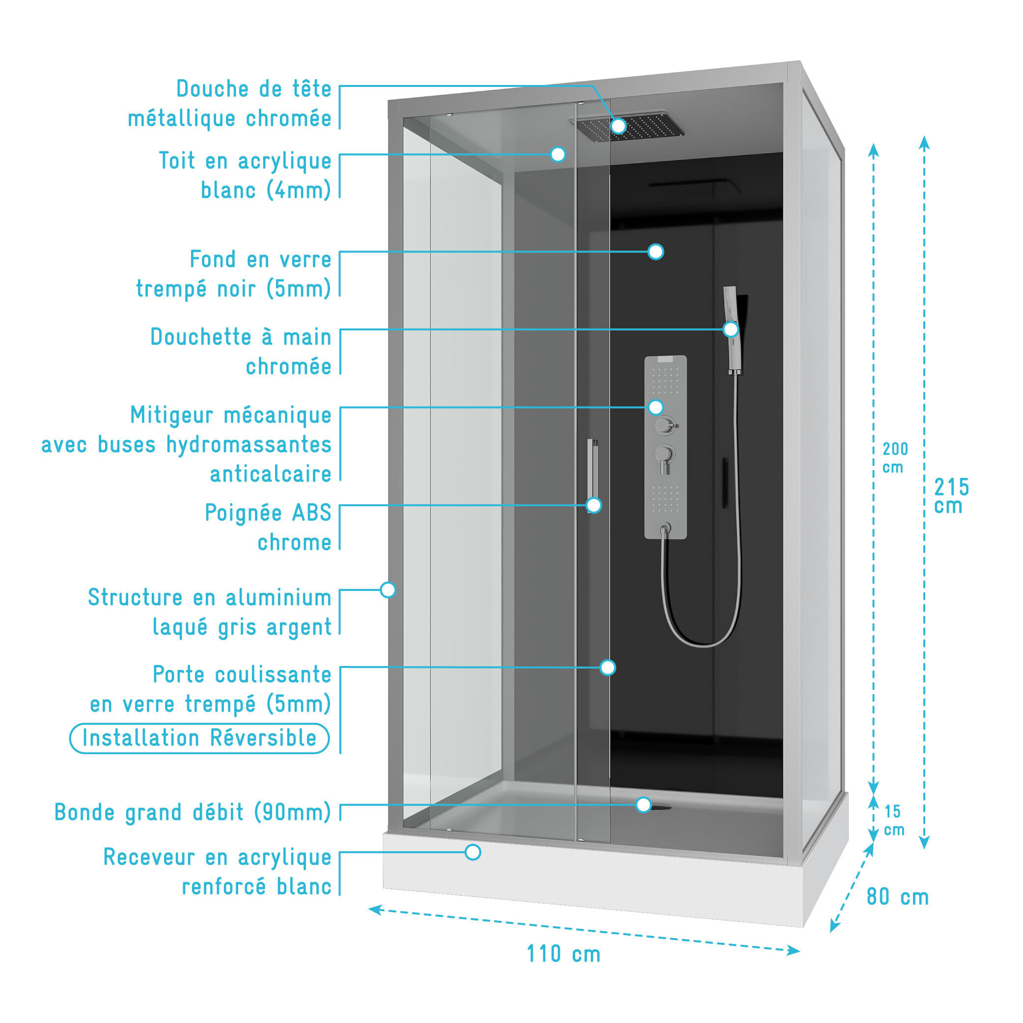 Cabine de douche Hydromassante 110x80x215 cm - Fond Noir et Profilés Gris - BLACK STYLE