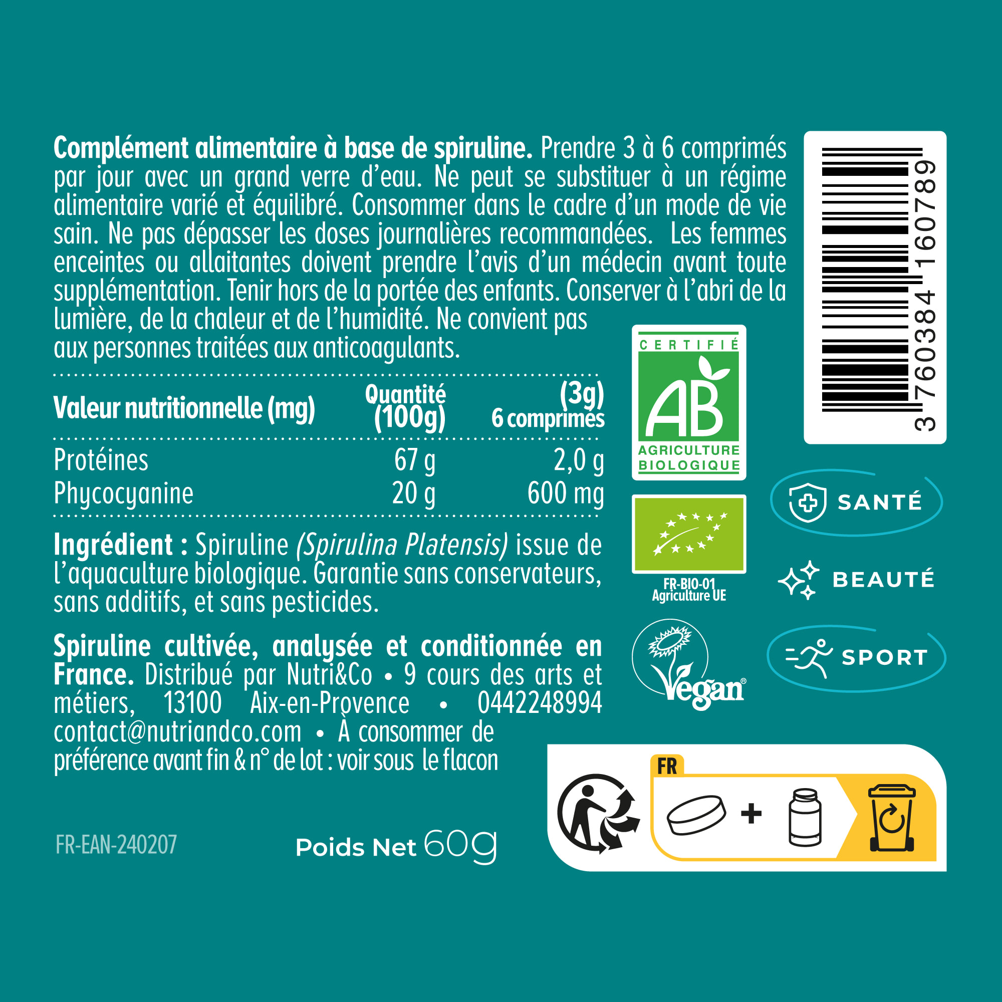 Nutri&Co Spiruline BIO 100% Française Cultivée en Provence - 120 comprimés Vegan