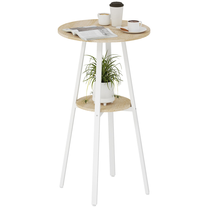 Mesa Alta Cocina Redonda con Estante de Almacenamiento, Mesa Alta Bar Moderna para 2 Personas con Marco de Metal para Salón y Comedor, 55x55x95 cm, Madera Natural y Blanco