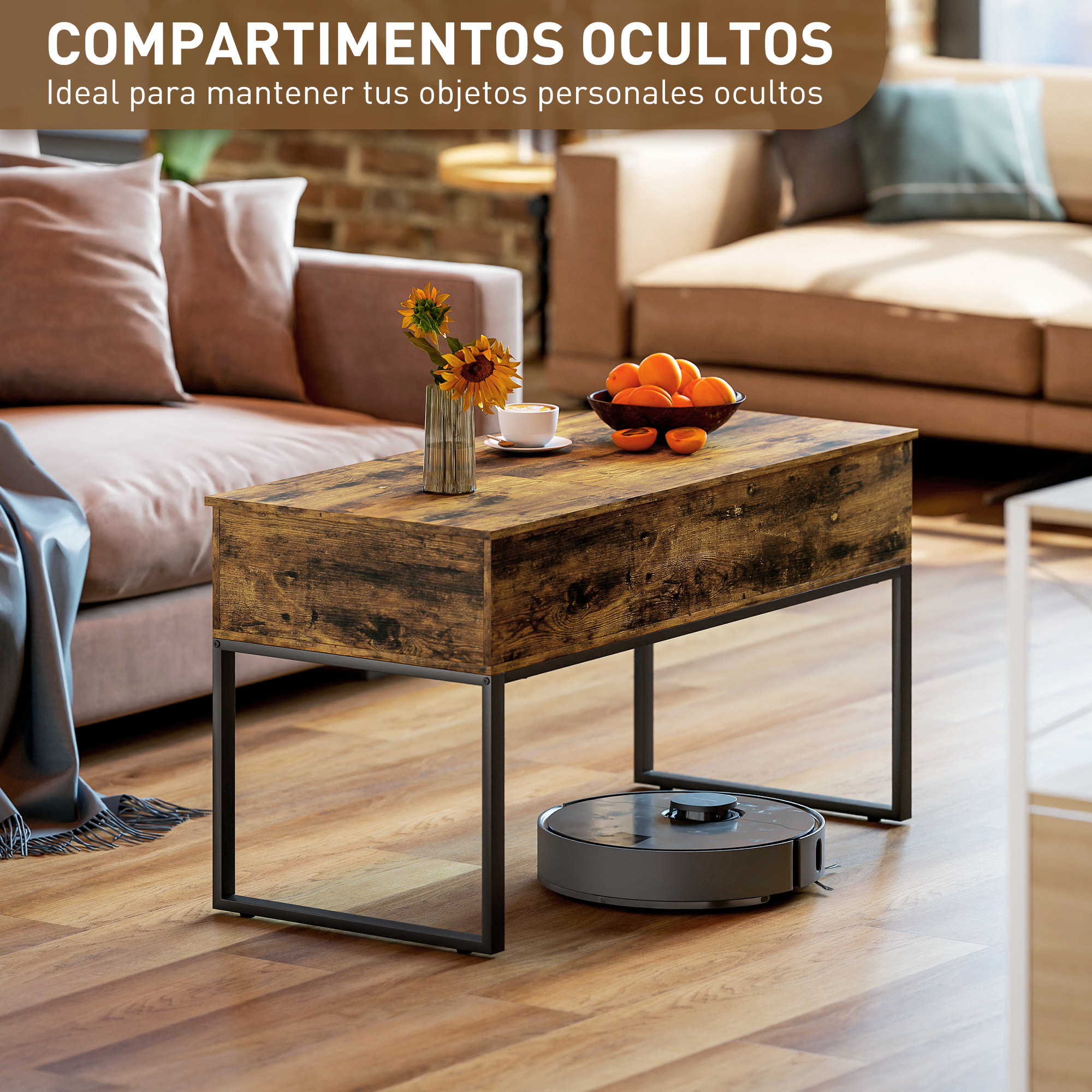 Mesa de Centro Elevable Mesa de Café con Encimera Deslizante Cierre Suave Espacio Oculto de Almacenaje 100x45x67 cm Marrón Rústico