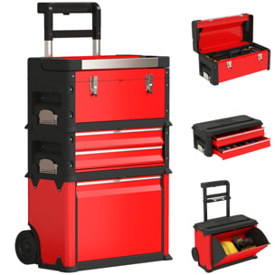 Servante d'atelier - servante outillage 3en1 - 2 boîtes à outils compactes + coffre - acier PP rouge noir