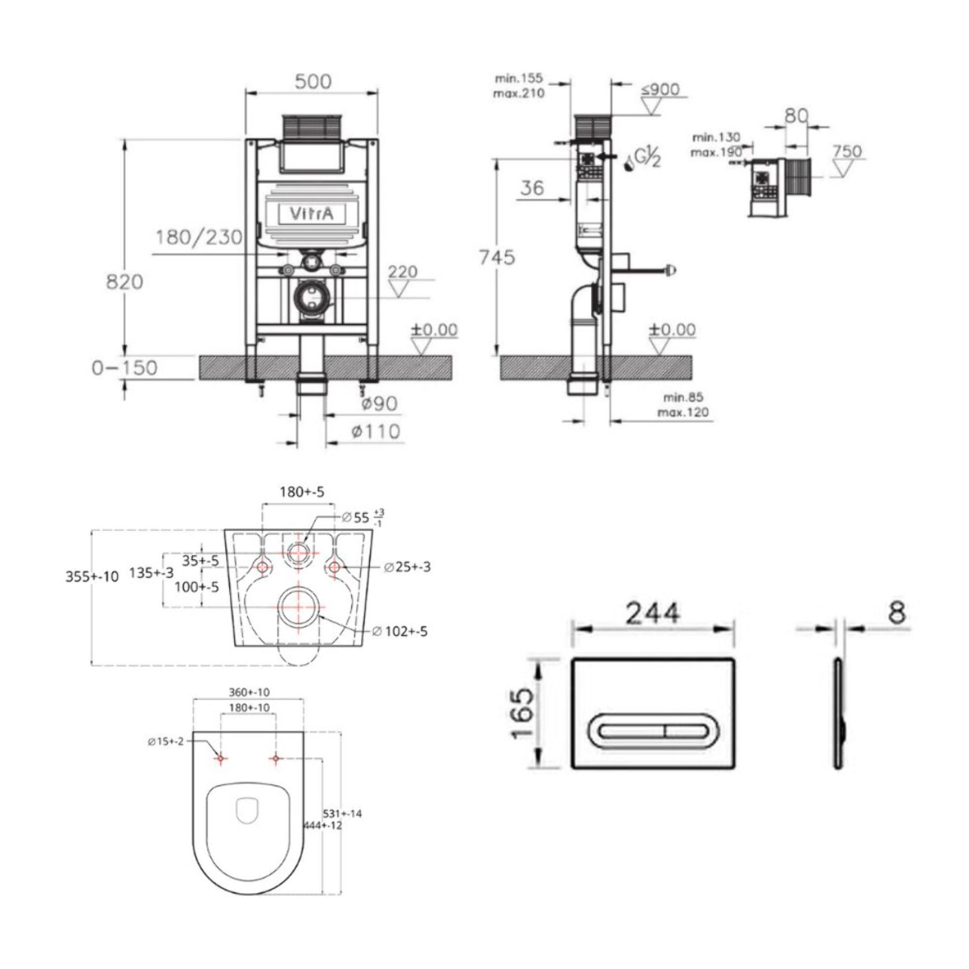 Bâti support 82cm + WC sans bride SAT + Abattant softclose + Plaque Chrome mat (VUNI82BREVIS-5)