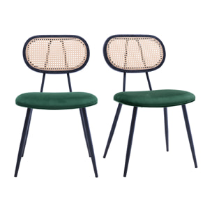 Chaises design en tissu velours vert foncé, métal noir et cannage rotin (lot de 2) SWANN