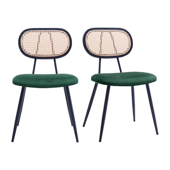 Chaises design en tissu velours vert foncé, métal noir et cannage rotin (lot de 2) SWANN