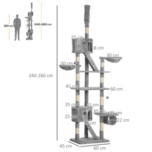 Arbre à chat design XXL réglable H.240-260 cm multi-équipement gris