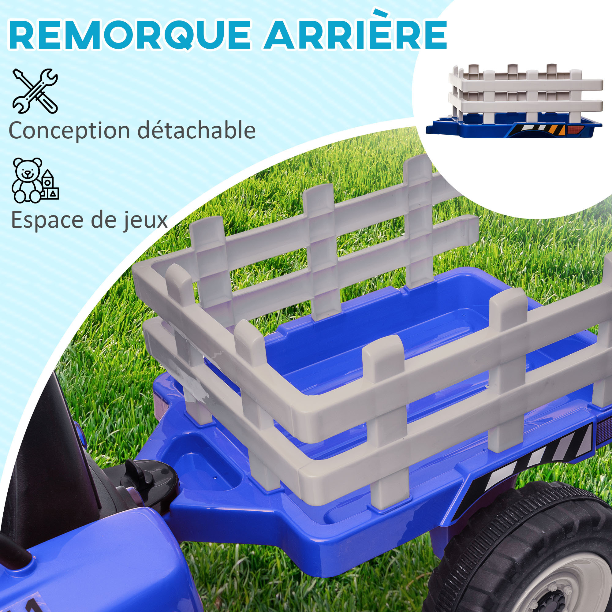 Tracteur électrique avec remorque amovible, voiture électrique enfants de 3 à 6 ans avec télécommande MP3 musique affichage lumières et ceinture de sécurité, 12V 3-6 km/h, bleu