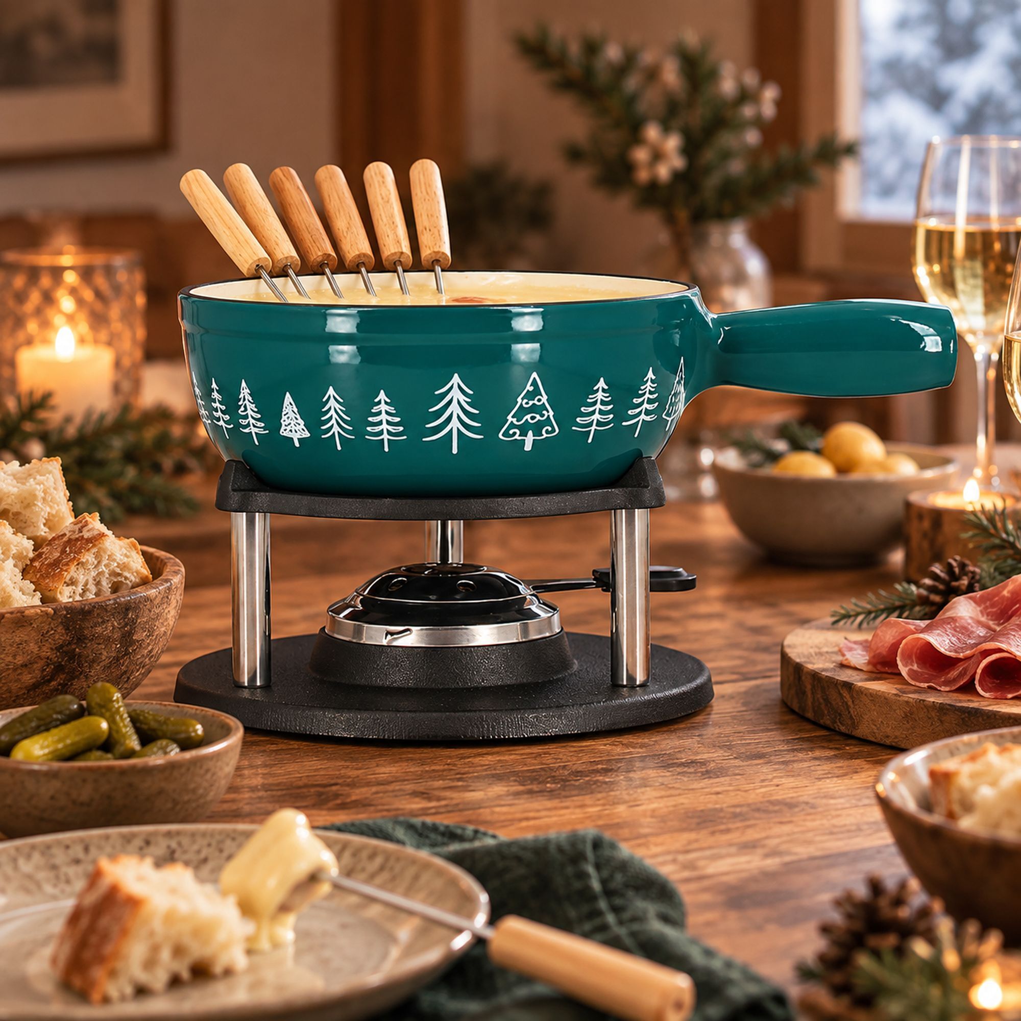 Fondue montagne 1.9l en fonte crème et bleu canard avec 6fourchettes