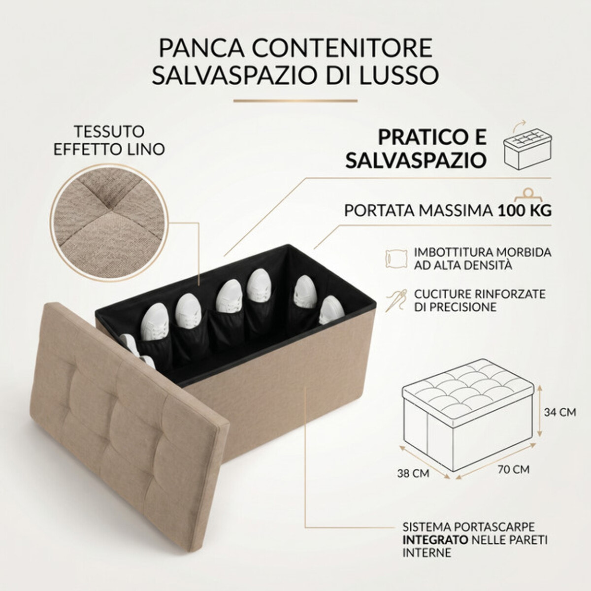 Pouf contenitore imbottito in tessuto con seduta lunga, panca multifunzione con spazio interno, ideale come poggiapiedi, seduta o contenitore, pratico e versatile per soggiorno, camera o ingresso, facile da pulire, dimensioni 76x34x34 cm