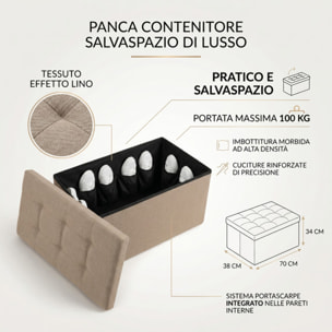 Pouf contenitore imbottito in tessuto con seduta lunga, panca multifunzione con spazio interno, ideale come poggiapiedi, seduta o contenitore, pratico e versatile per soggiorno, camera o ingresso, facile da pulire, dimensioni 76x34x34 cm