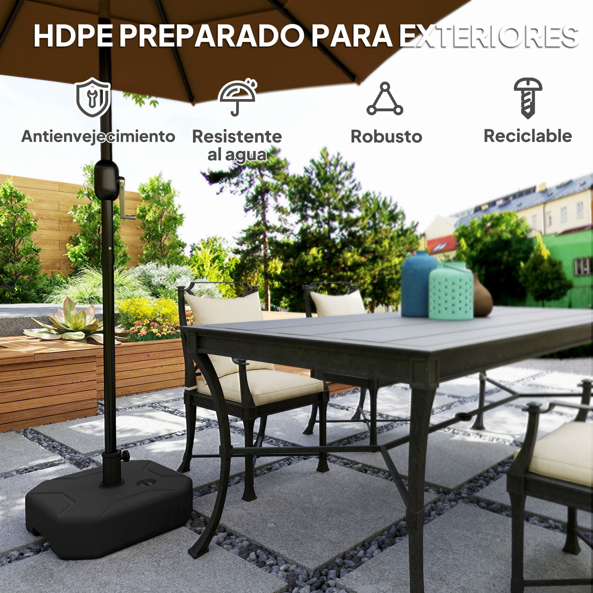 Base para Sombrilla Cuadrada, Soporte de Parasol de HDPE, Pie para Sombrilla con Postes Ø38 mm, Ø48 mm, Rellenable de Arena 25 kg o Agua 20 kg, para Jardín, Patio, Terraza, Negro