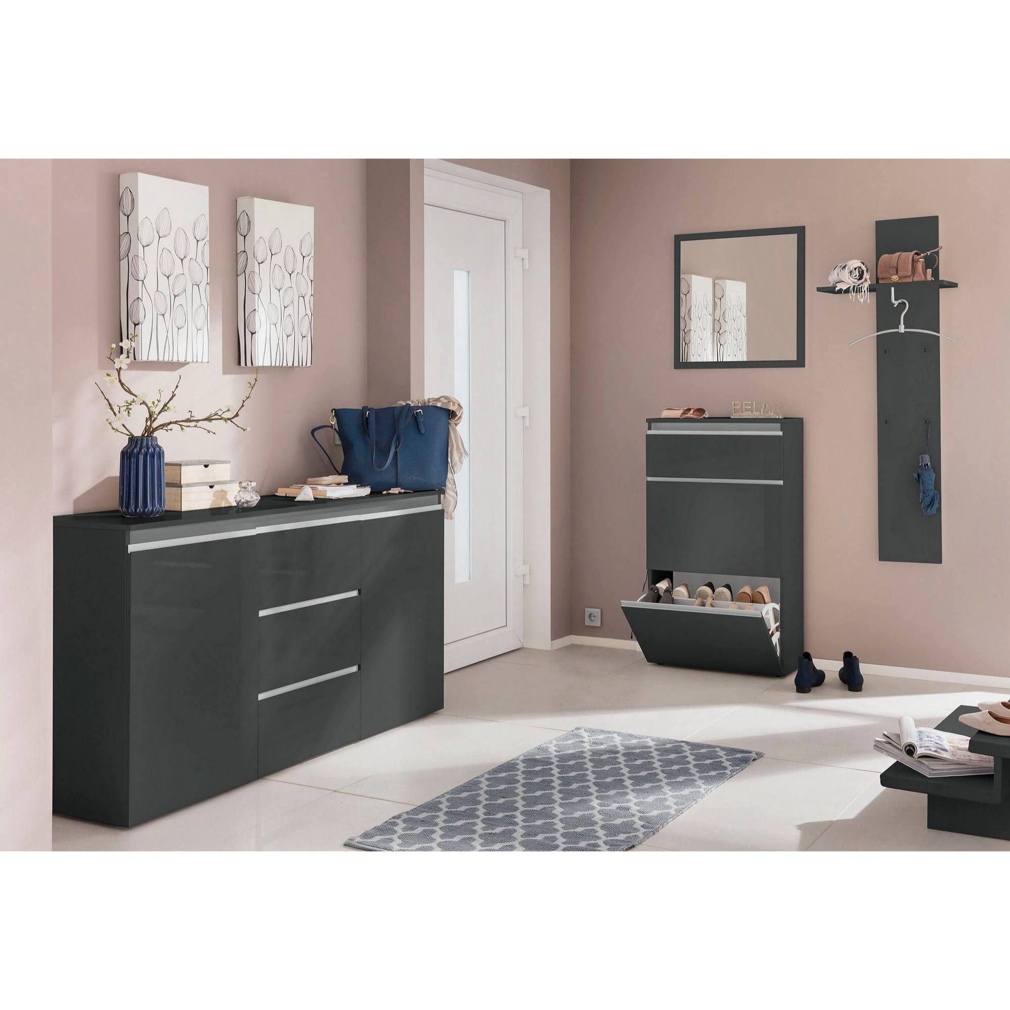 Scarpiera Alejandra, Mobile multiuso a 2 ante e 1 anta a ribalta, Portascarpe da ingresso, 100% Made in Italy, cm 60x27h108, Antracite lucido