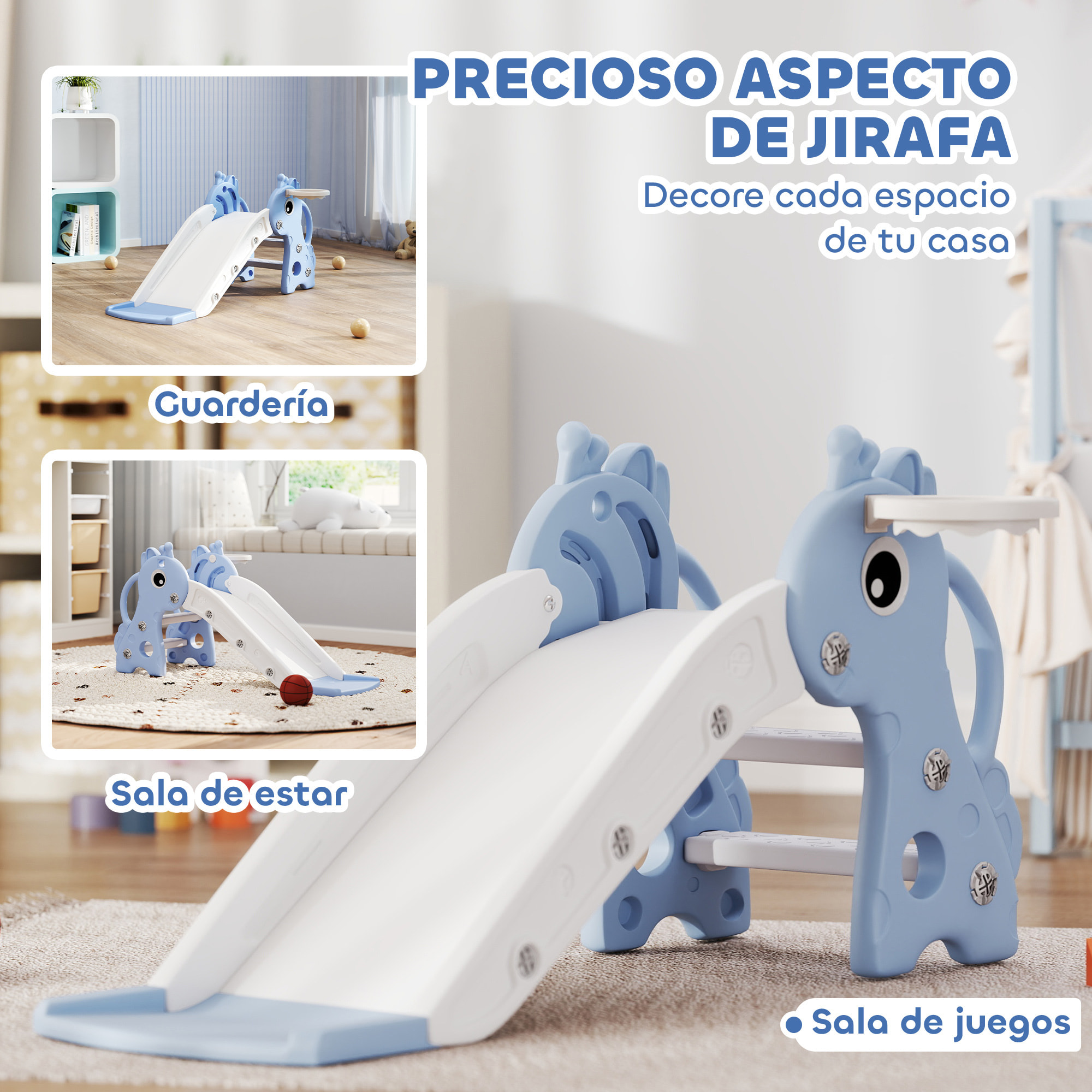 Tobogán Infantil 3 en 1 Tobogán para Niños de 1 a 3 Años con Escalera Canasta de Baloncesto y Diseño de Jirafa para Interior 106x51,5x52 cm Azul