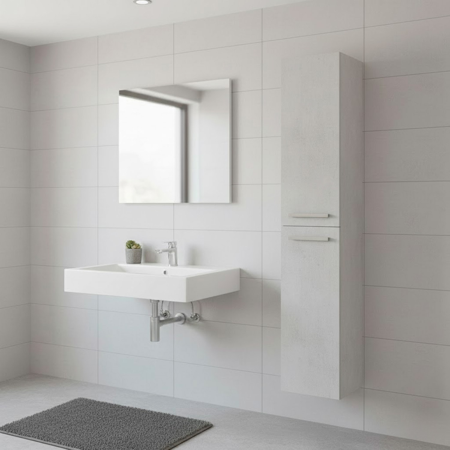 Mobile Alto Da Bagno Sospeso Con 2 Ante E 3 Mensole Interne Colonna Moderna Sospesa Salvaspazio Melaminico Chiusura Assistita Design Industriale Lavanderia Ingresso 150 x 30 x 25 Cm Grigio Cemento