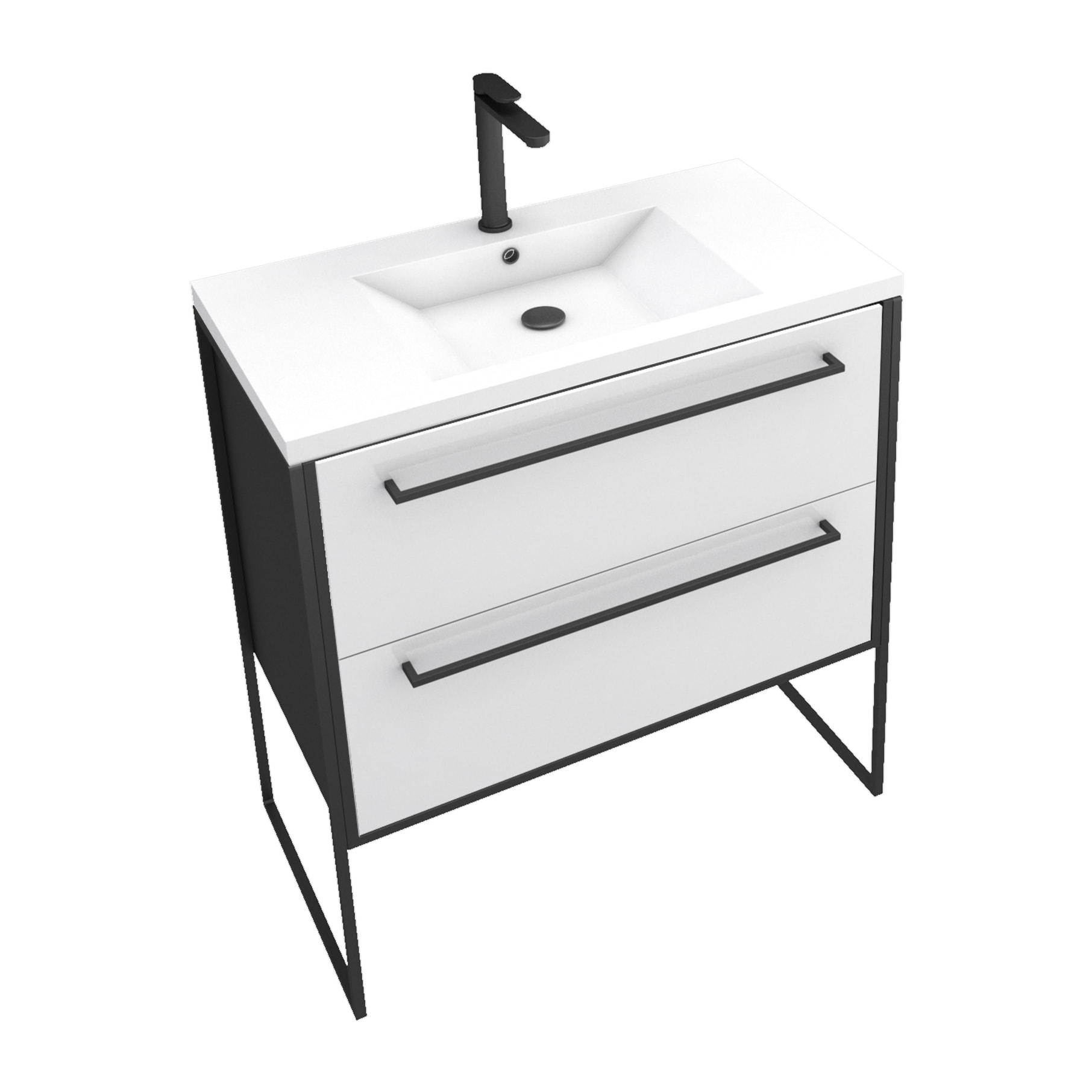 Meuble de salle de bain 80x50cm NOIR MAT - 2 tiroirs blanc - vasque blanche - STRUCTURA F034