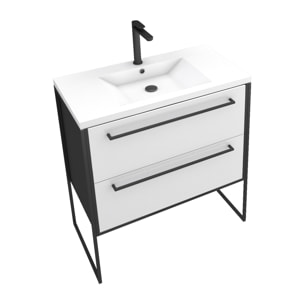 Meuble de salle de bain 80x50cm NOIR MAT - 2 tiroirs blanc - vasque blanche - STRUCTURA F034