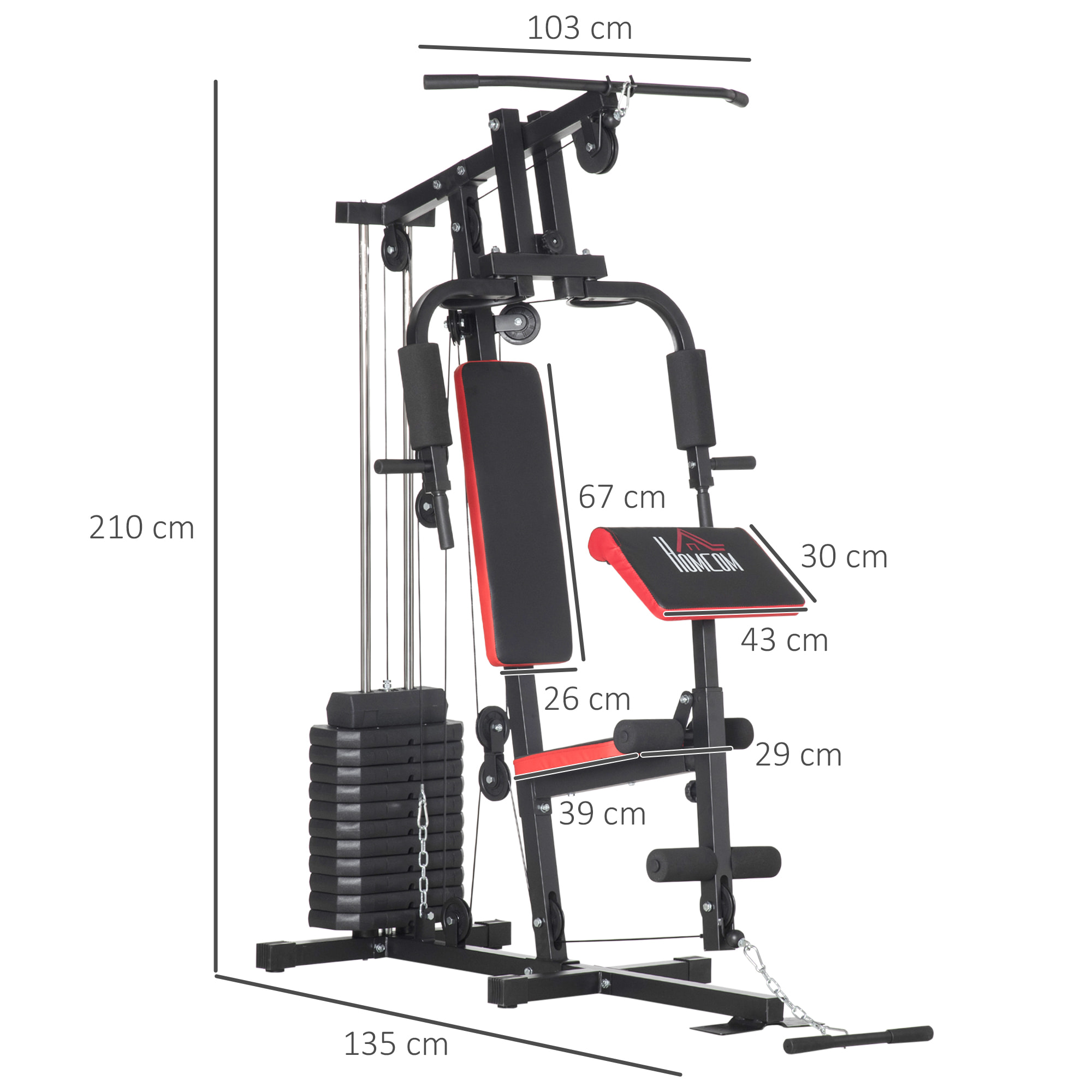 Multiestación de Musculación Máquina de Musculación con Placas de Peso de 65 kg Carga Max. 100 kg para Entrenamiento Fitness en Hogar Gimnasio Negro y Rojo