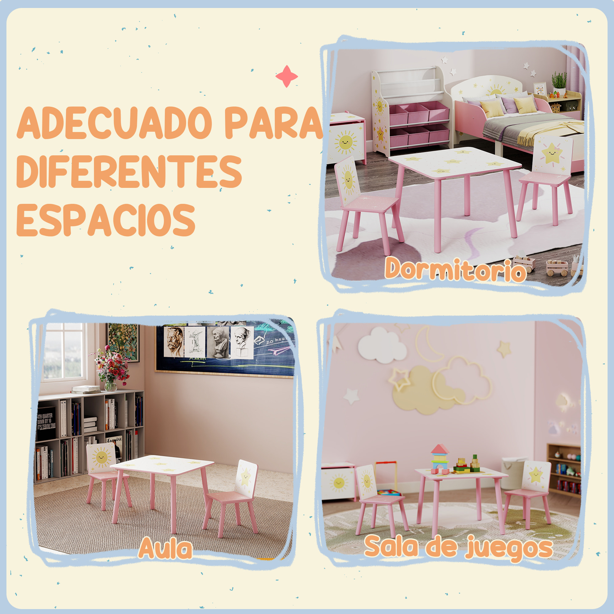 Mesa y Sillas Infantiles de 3 Piezas, Mesa Infantil con 2 Sillas de Madera de Pino, Juego de Muebles con Dibujos de Estrella para niños de +3 Años, para Dormitorio, Sala de Juegos, Rosa
