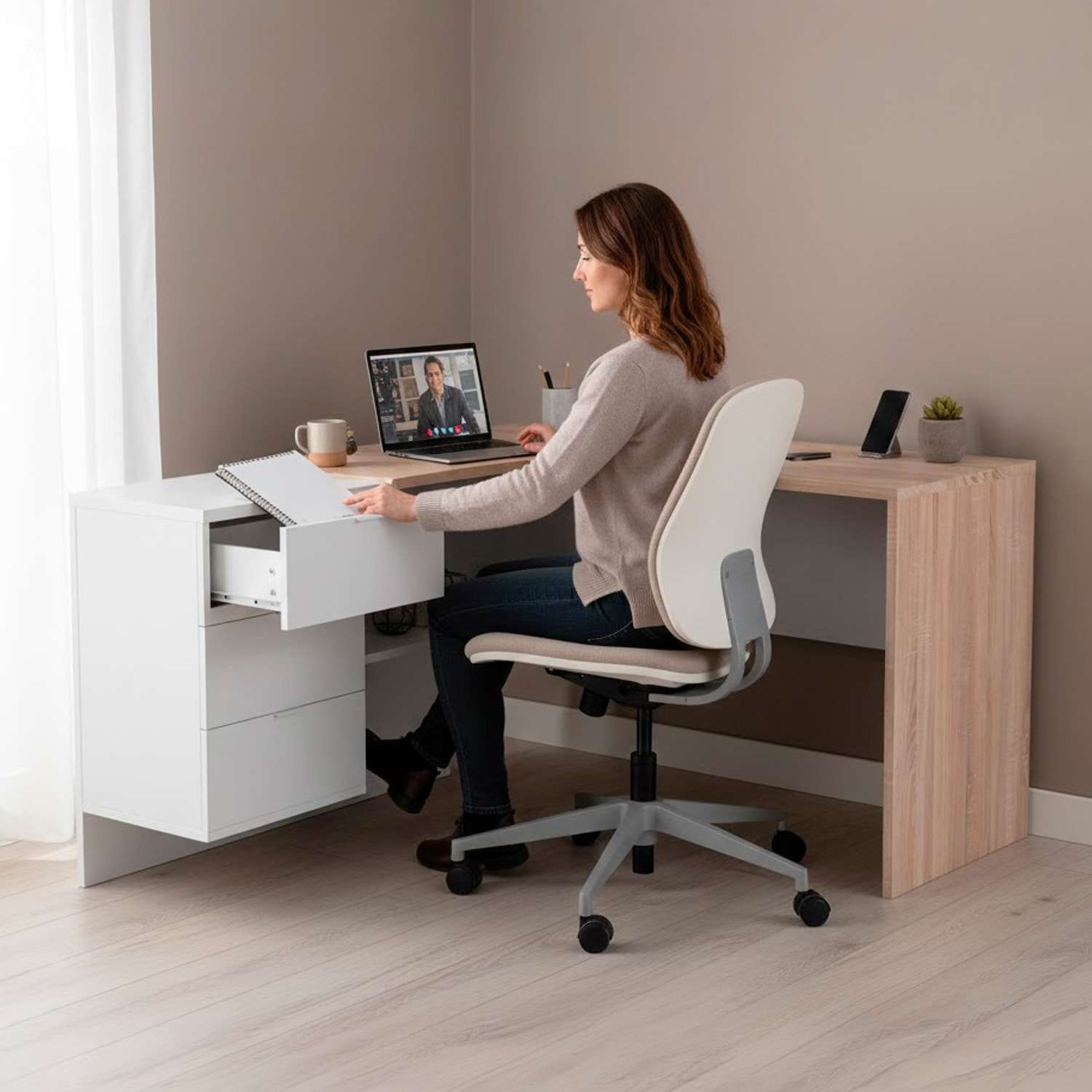 Scrivania Ufficio Studio Reversibile Con Cassettiera A 3 Cassetti Tavolo Da Lavoro Moderno Design Salvaspazio 145 x 108 x 73 Cm Rovere E Bianco Opaco