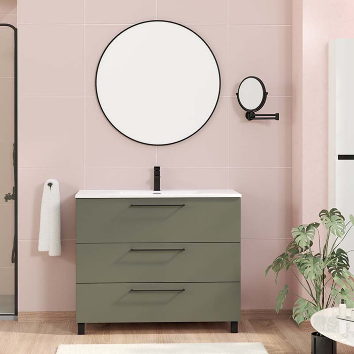 Conjunto de baño Haru | Mueble de baño con patas | 100 cm Verde Musgo| Tres cajones | Lavabo encastrado | No incluye espejo | Alday