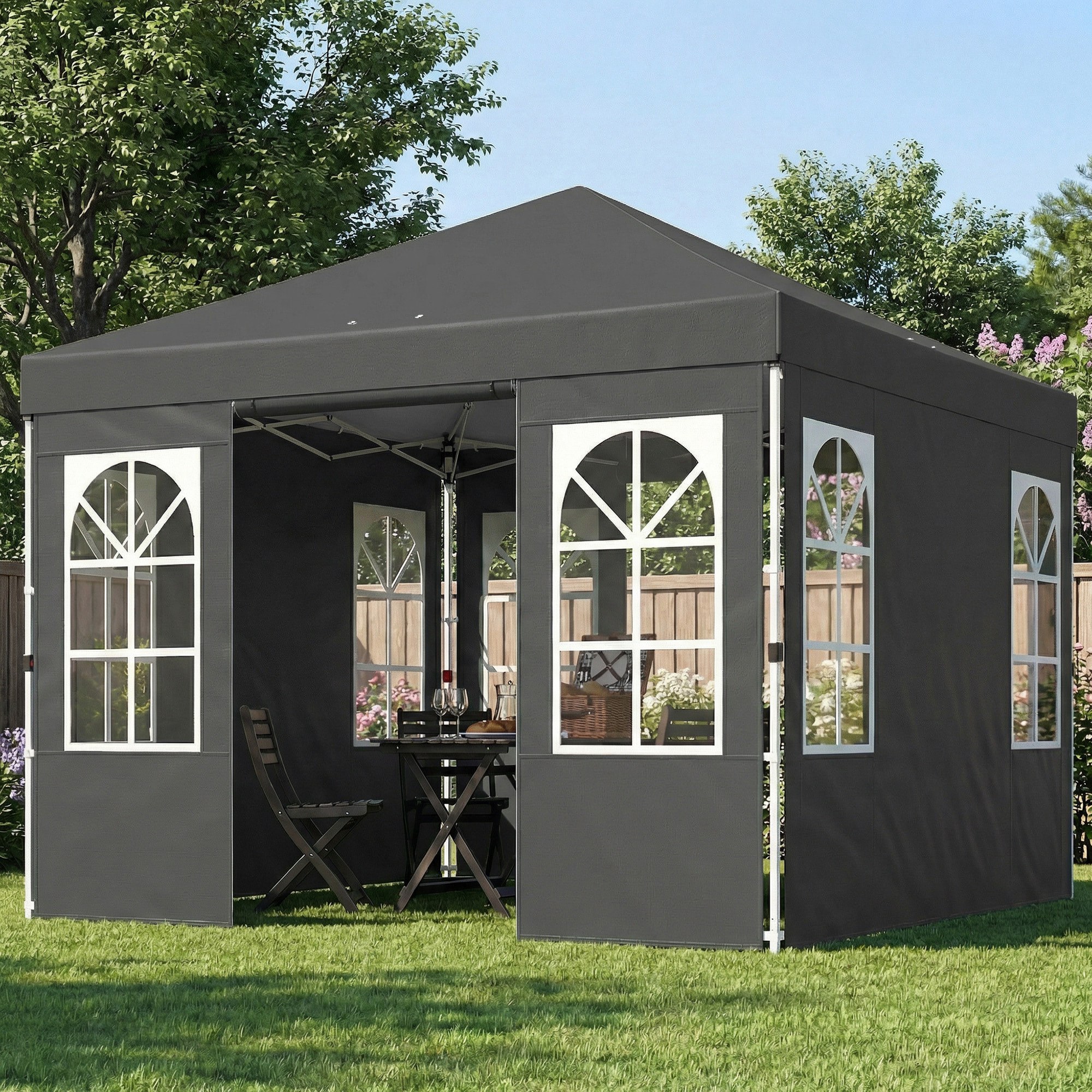 Carpa Plegable 3x3 m, Pop-up, con 4 Laterales Extraíbles, Cenador de Jardín con UPF50+, Bloqueo Central, Altura Ajustable, Bolsa de Transporte, Sacos Arena, Gazebo para Exterior, Gris Oscuro