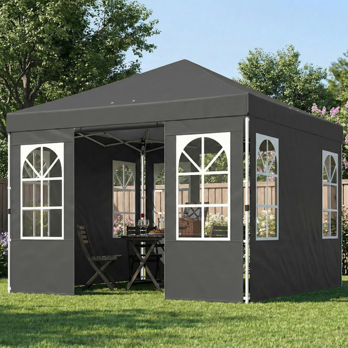 Carpa Plegable 3x3 m, Pop-up, con 4 Laterales Extraíbles, Cenador de Jardín con UPF50+, Bloqueo Central, Altura Ajustable, Bolsa de Transporte, Sacos Arena, Gazebo para Exterior, Gris Oscuro