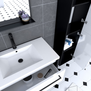 Ensemble de salle de bain 80 cm Blanc finition noir + vasque blanche+ miroir + colonne de rangement