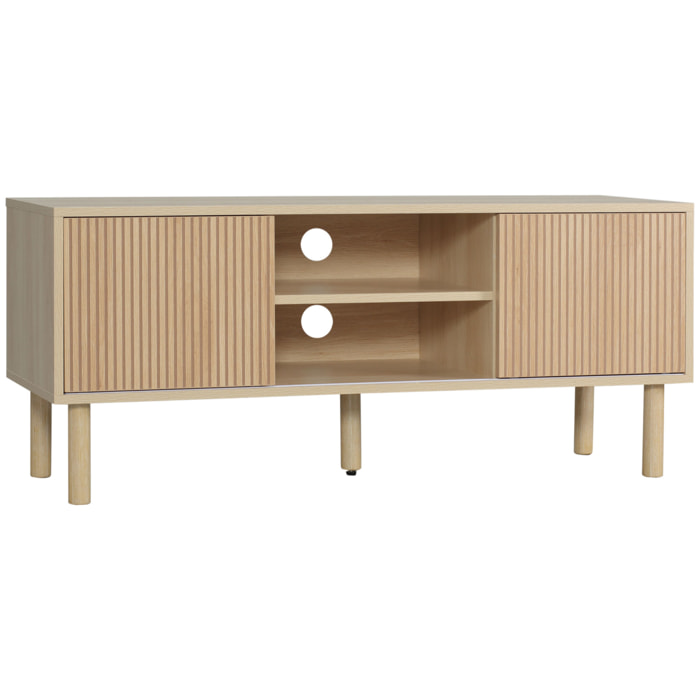 Meuble TV banc TV design Urban Craft - 2 portes coulissantes, 2 niches - piètement cylindrique - panneaux particules aspect bois clair