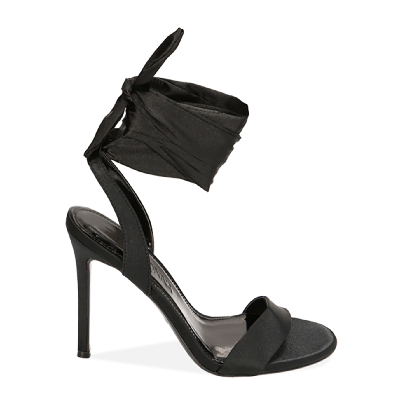 Sandalias negras de raso con cordones, tacón de 10,5 cm