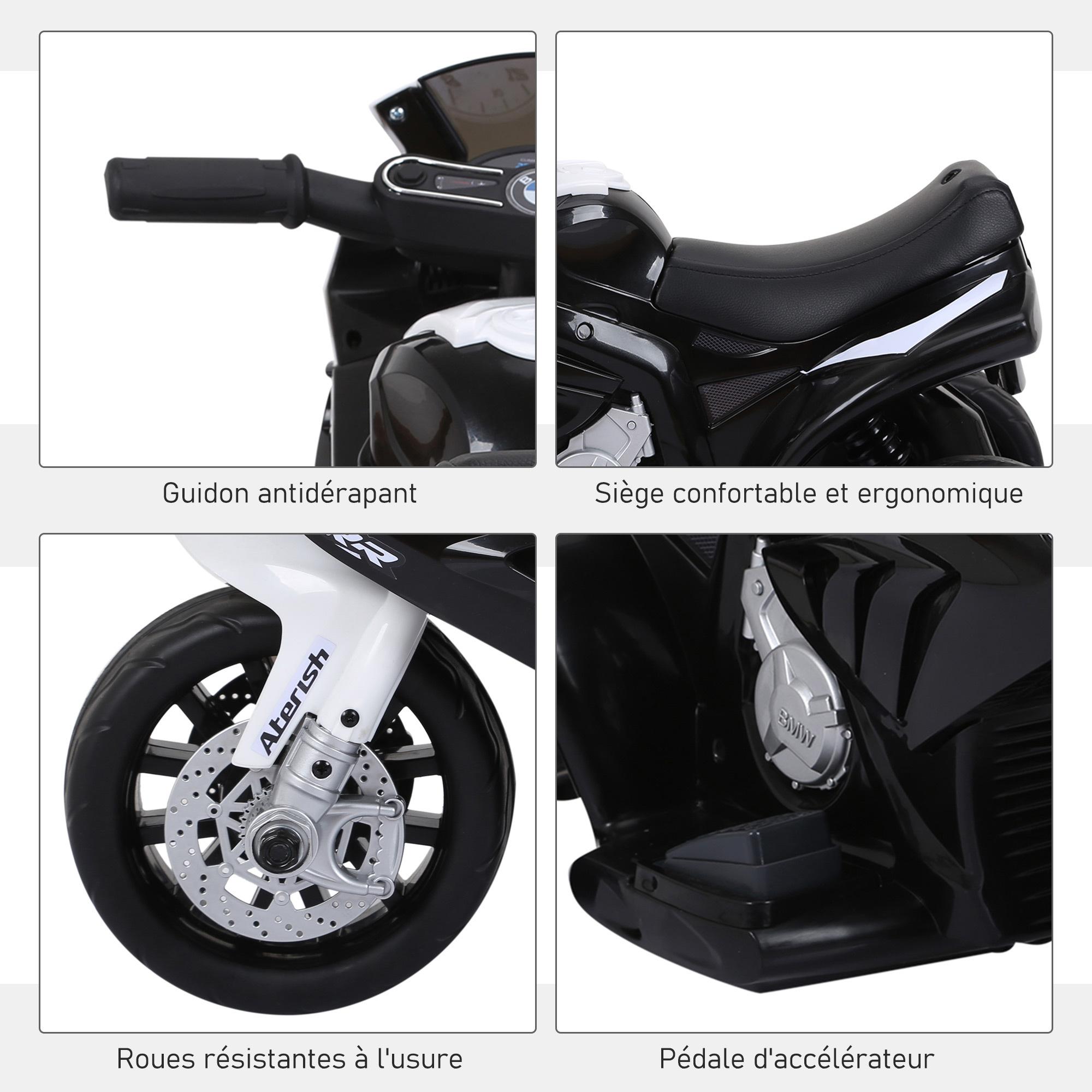 Moto électrique pour enfants 3 roues 6 V 2,5 Km/h effets lumineux et sonores noir BMW S1000 RR