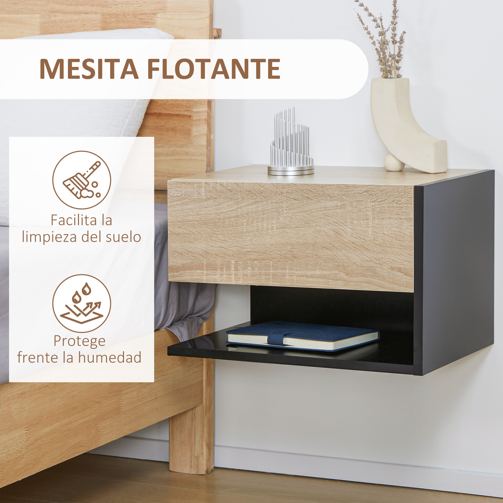 Juego de 2 Mesitas de Noche Flotantes Mesitas de Noche Colgantes con 1 Cajón y Estante Abierto para Dormitorio 46x30x30 cm Roble y Negro
