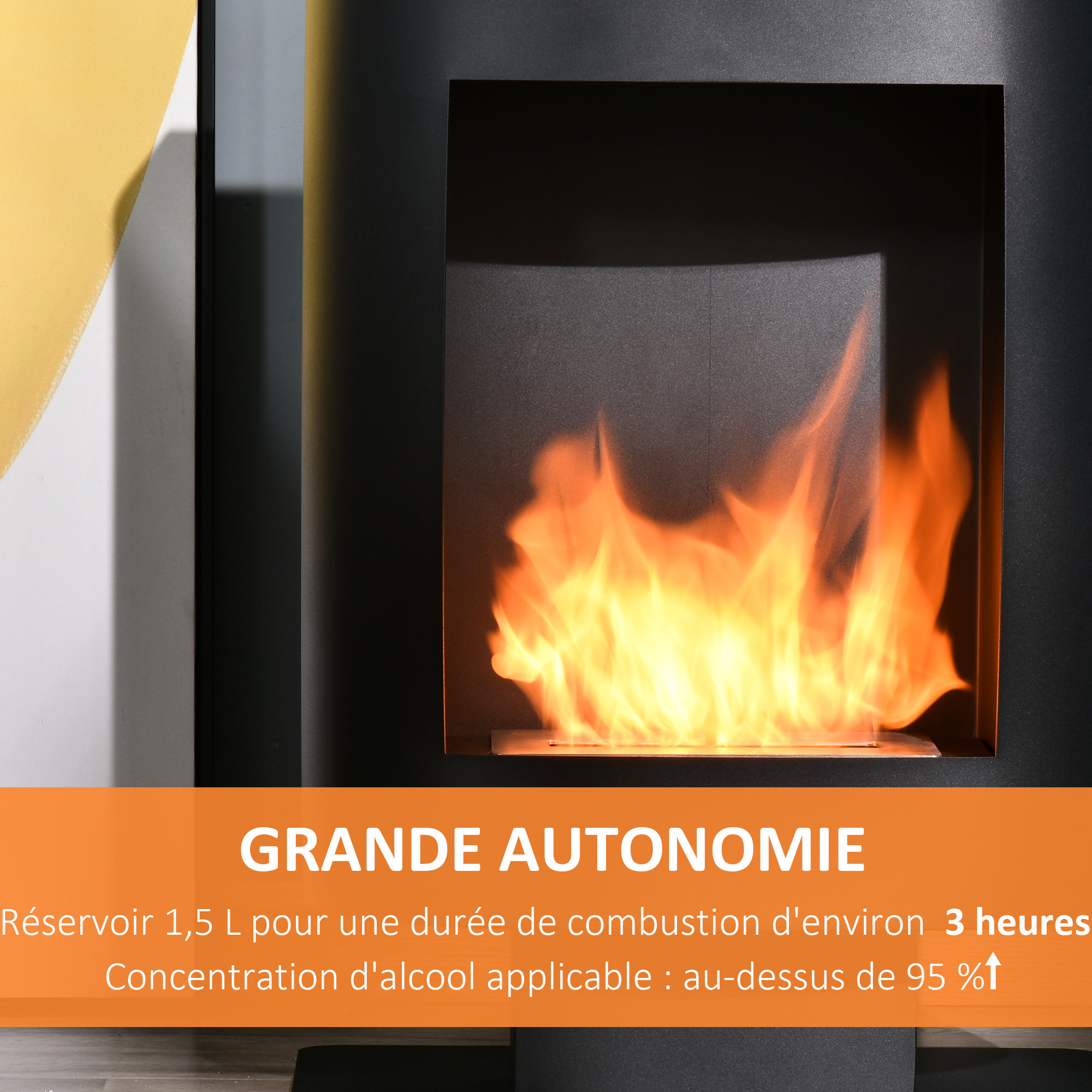 Cheminée bioéthanol sur pied design contemporain - brûleur 1,5 L - contrôle de flamme et manche inclus - acier noir