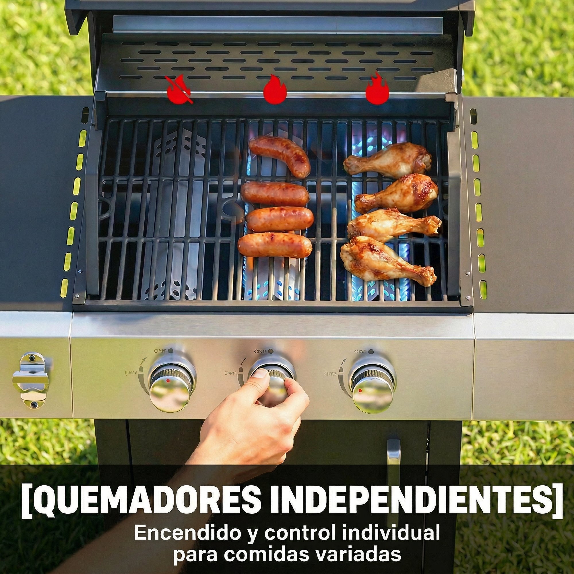 Barbacoa de Gas BBQ Gas con 3 Quemadores 8,1 kW Barbacoa Portátil con Termómetro Mesas Laterales Armario Rejilla Calentadora Parrillas de Hierro Fundido Recogedor Grasa y 4 Ruedas Negro