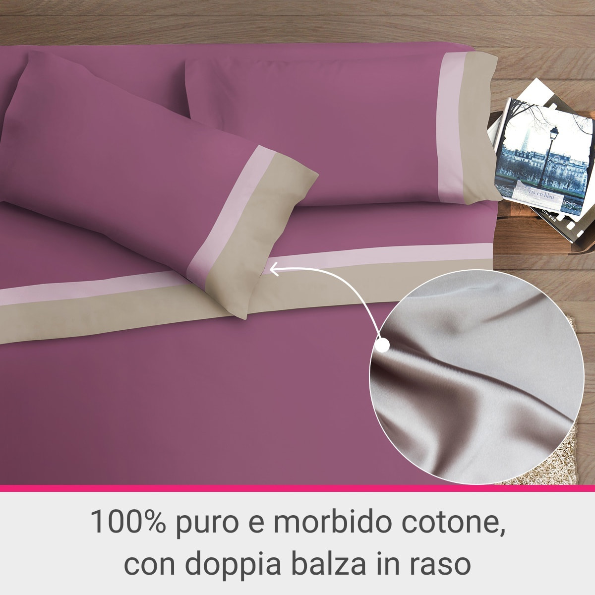 Completo letto doppia balza RASO IPERSAN Puro Cotone Panna/Malva fondo Prugna